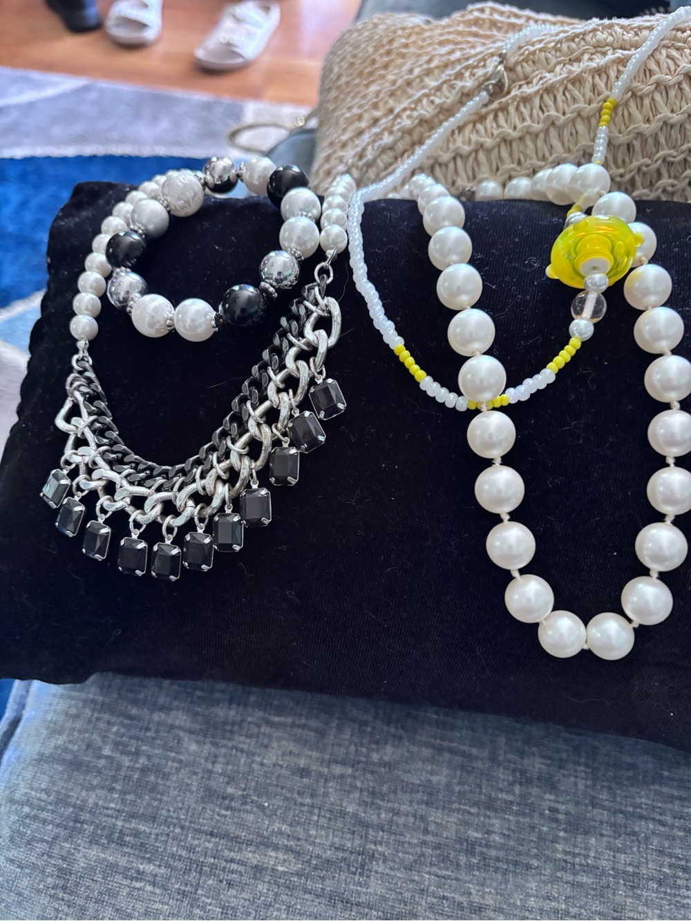 Mixed Pearl and Black Bead Statement Necklace Set